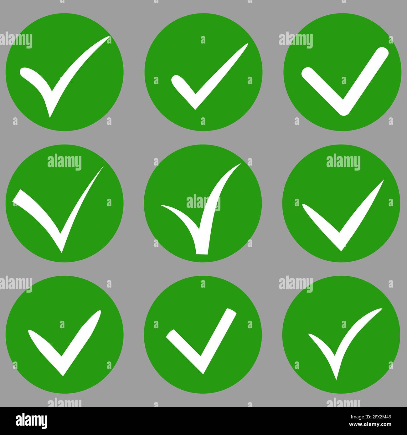 Handgezeichneter Vektor-Tick-Check in weißer Farbe innerhalb eines grünen Kreises. Verschiedene Zecken in verschiedenen Stilen und Formen. Design Illustration Requisiten für Stock Vektor