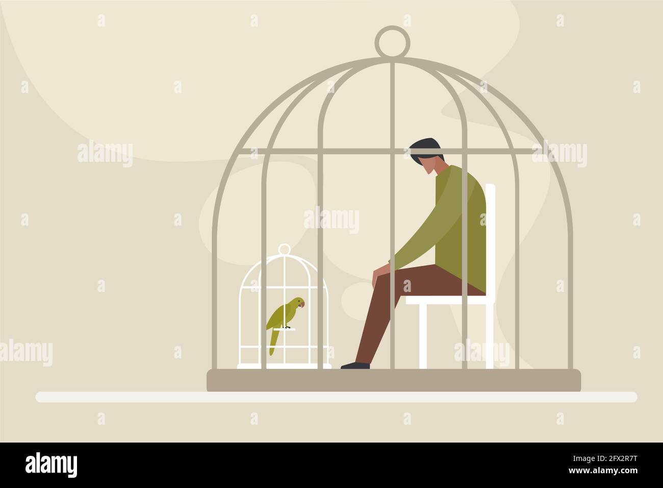 Konzeptuelle Illustration eines Mannes, der in einem Käfig sitzt und einen Vogel im Käfig betrachtet Stock Vektor