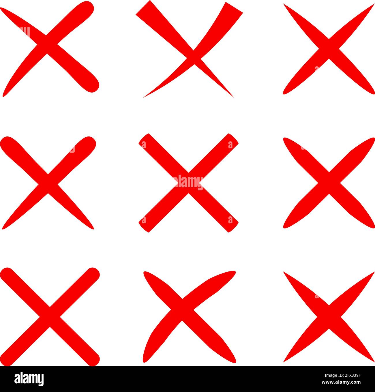 Vektormarkierungen. Ein rotes Kreuz einchecken Nein, Symbol, Grafik, Symbol, Vektor Keine Kreuzzeichen, Markierungsvektorsymbole markieren. Vektor mit roter Farbe von Hand gezeichnet c Stock Vektor