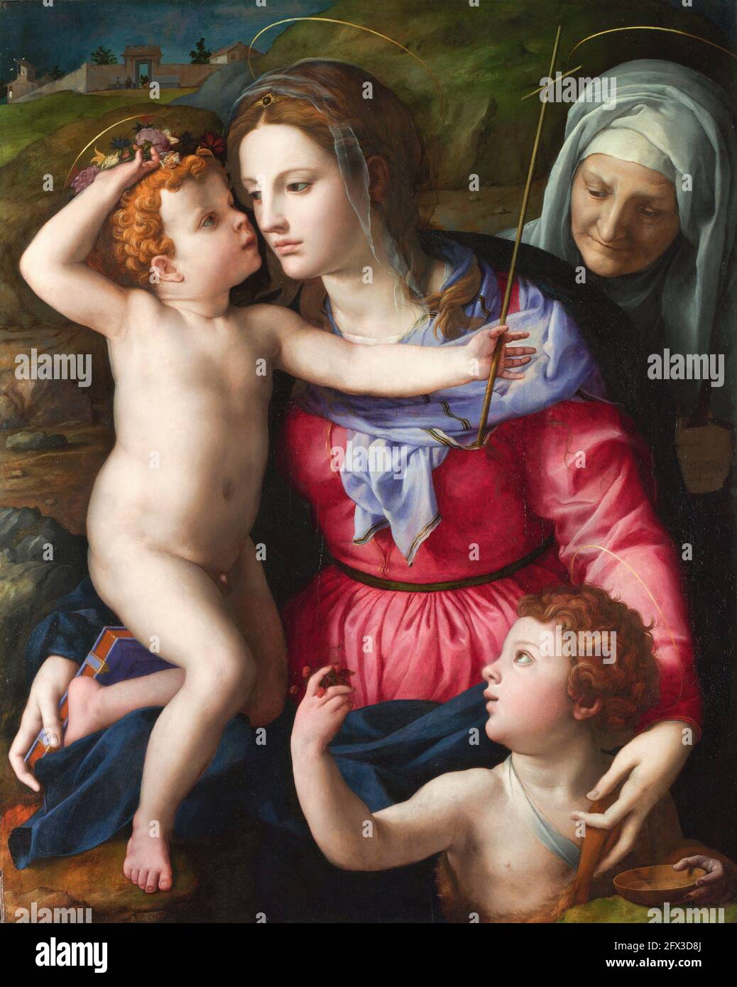 Die Madonna mit dem Kind mit dem heiligen Johannes dem Täufer und der heiligen Elisabeth von Agnolo Bronzino (1503-1572), Öl auf Holz, c.. 1540 Stockfoto