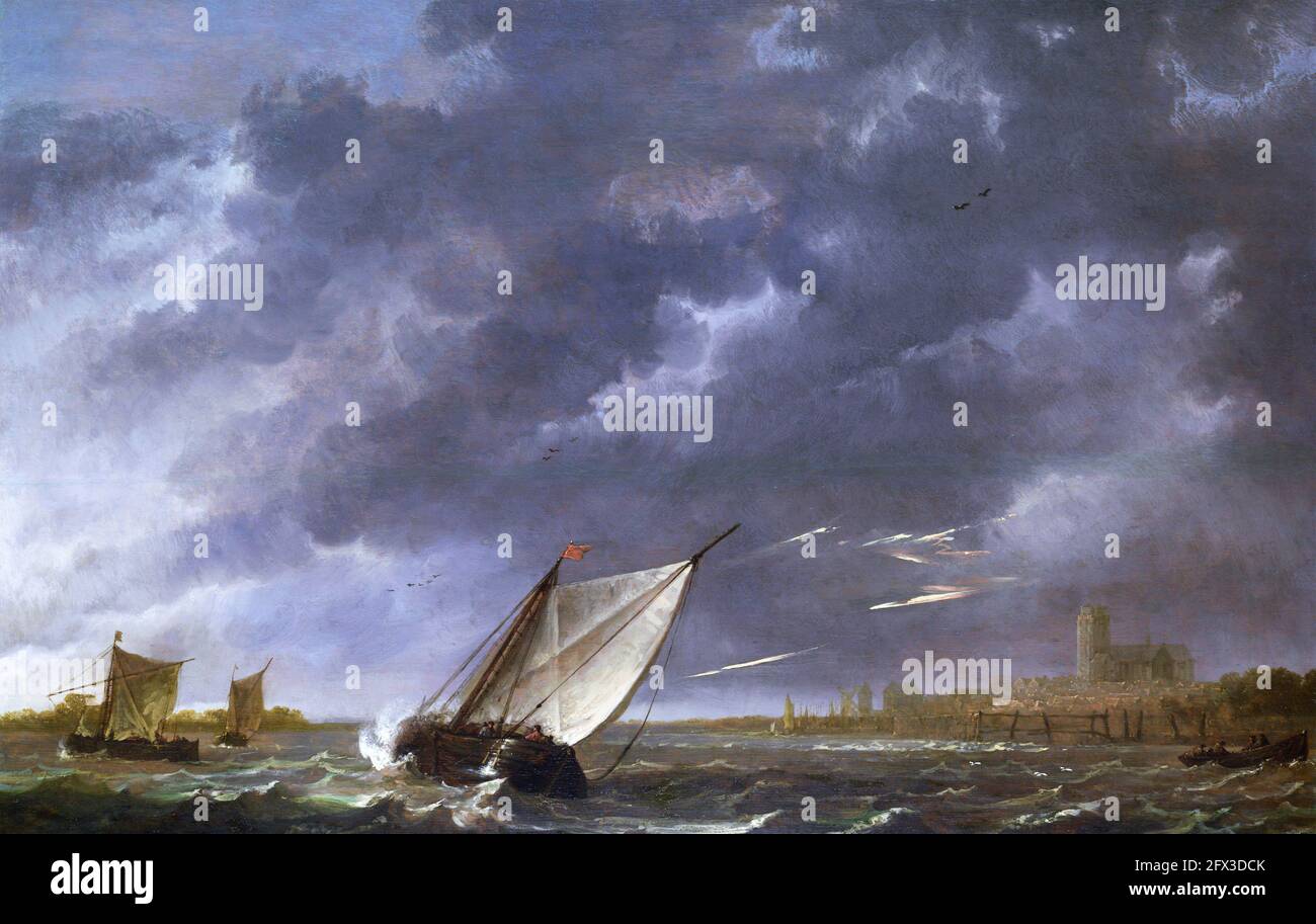 Albert Cuyp. Die Maas in Dordrecht in a Storm von Aelbert Jacobsz Cuyp (1620-1691), Öl auf Eiche, c.. 1645-50 Stockfoto