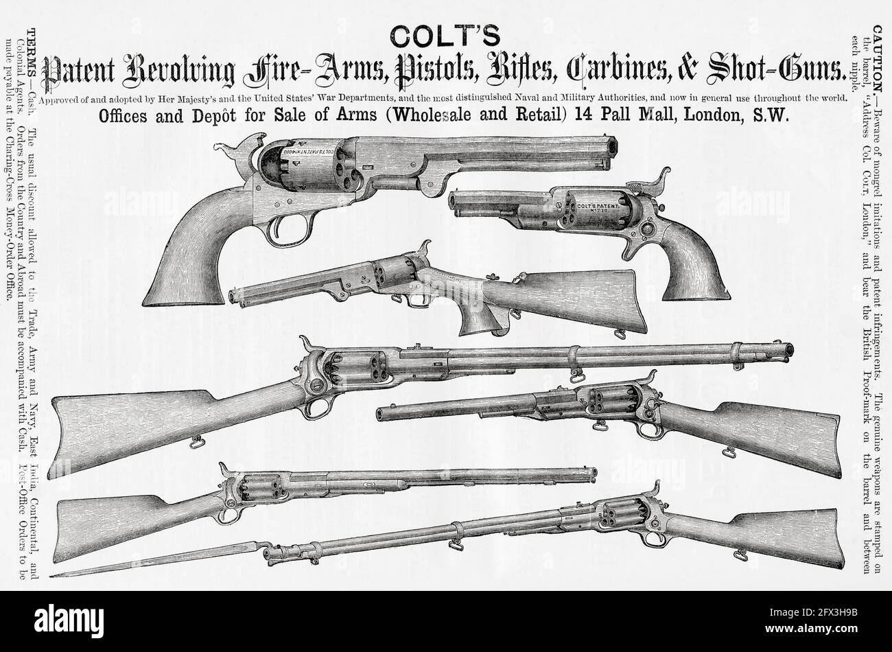 Werbung für Colt's Schusswaffen, Pistolen, Gewehre, Karbinen und Schrotflinten. Aus EINER prägnanten Geschichte der Internationalen Ausstellung von 1862, veröffentlicht 1862. Stockfoto