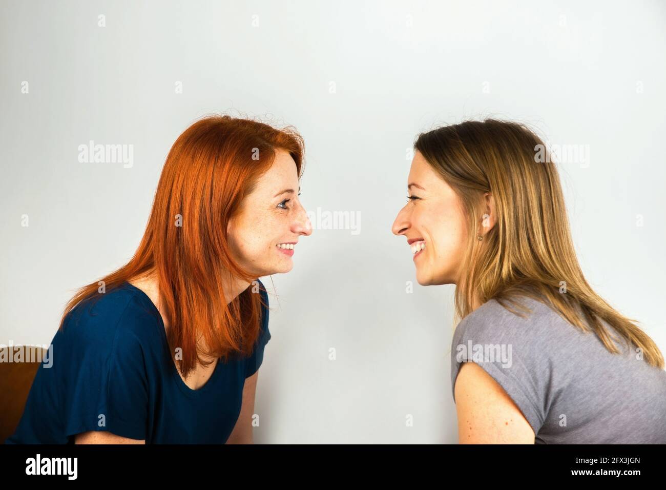 Zwei attraktive junge Frauen lachen sich gegenseitig aus. Sie sitzen einander gegenüber und haben Spaß. Auf grauem Hintergrund. Stockfoto
