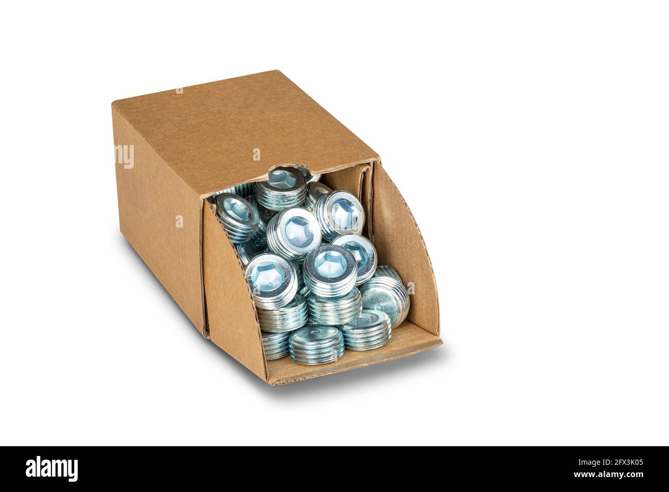 Mehrere Kompressorstecker in einem Kasten auf weißem Hintergrund Stockfoto