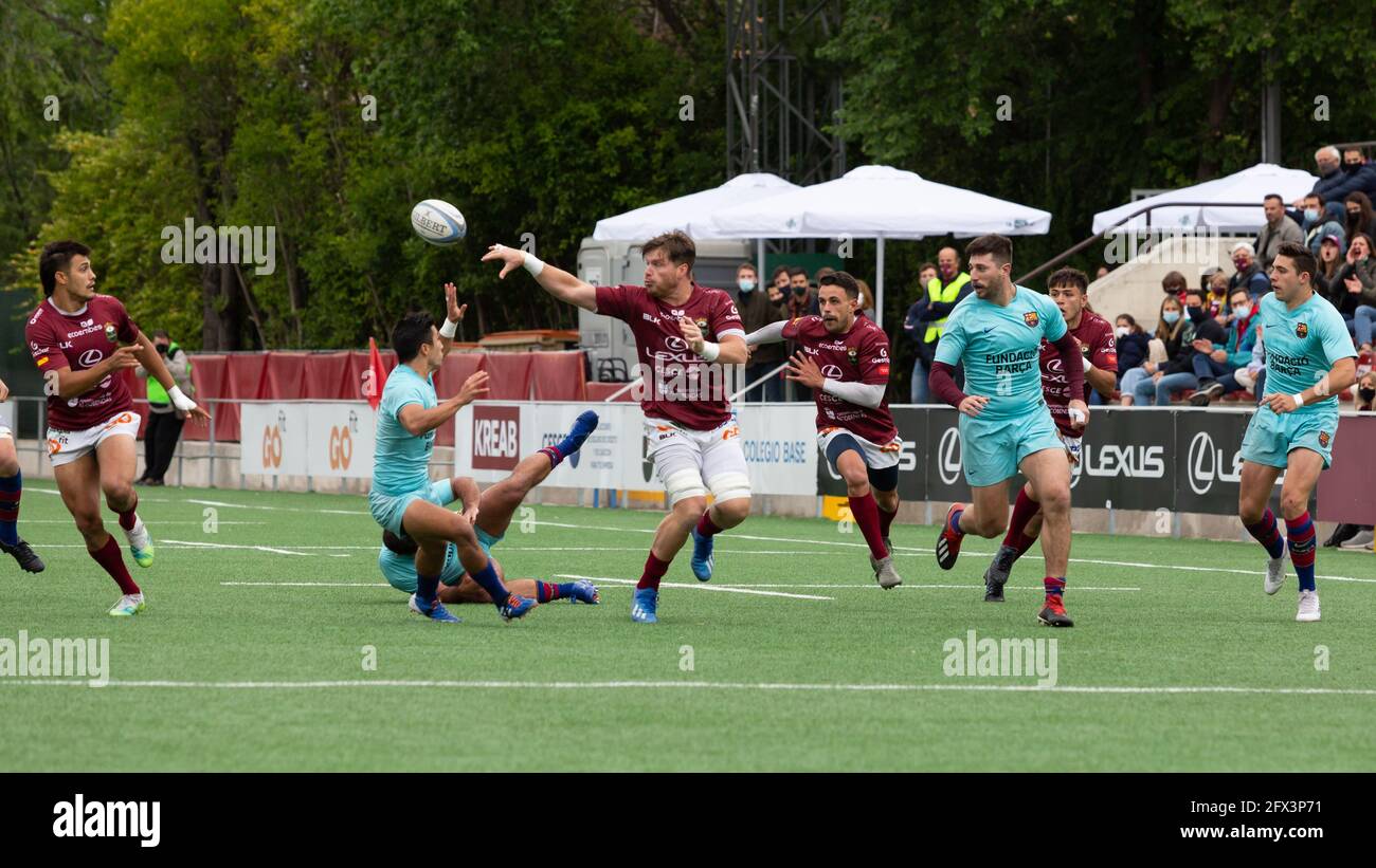 Alcobendas, Spanien. Mai 2021. (5/23/2021) Agustín Schab (Mitte) während des Lexus Alcobendas Rugby-Sieges über Barça Rugbi (43 - 14) im Halbfinale der Liga de División de Honor, das in Alcobendas (Spanien) in Las Terrazas gefeiert wurde. Mai 2021. (Foto von Juan Carlos García Mate/Pacific Press/Sipa USA) Quelle: SIPA USA/Alamy Live News Stockfoto