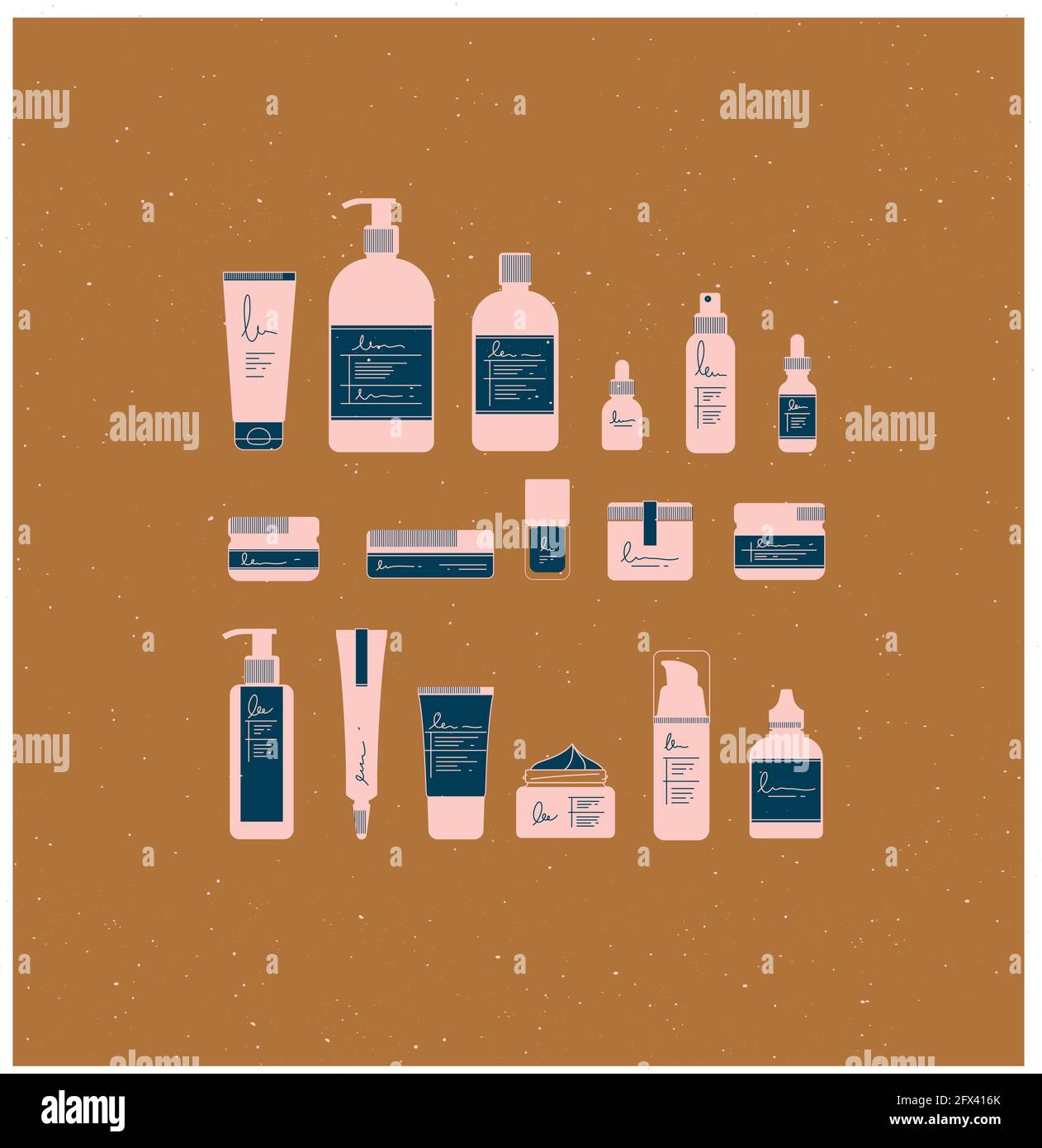 Set aus Kosmetikflaschen im grafischen Stil. Viele Behälter für Schönheits- und Modeprodukte, die auf Senf-Hintergrund gezeichnet sind Stock Vektor