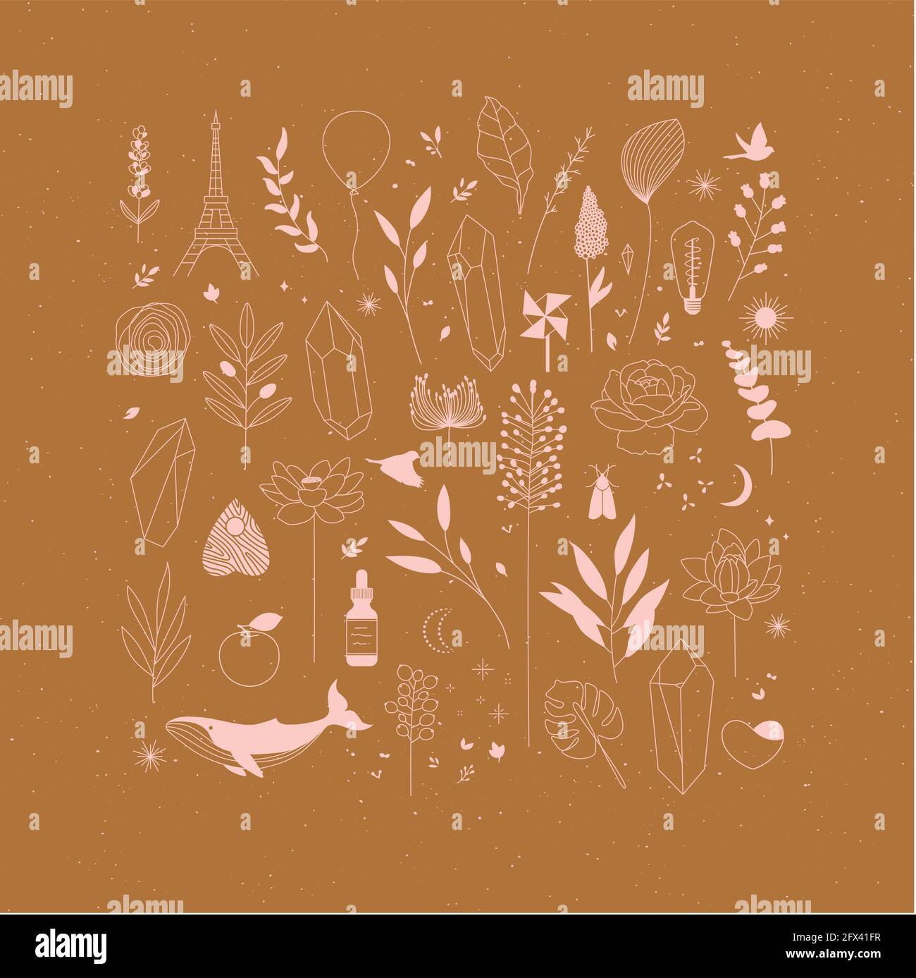 Set aus verschiedenen dekorativen Elementen mit Zweigen, Blumen, Tieren und verschiedenen Objekten auf Senf Hintergrund Zeichnung Stock Vektor