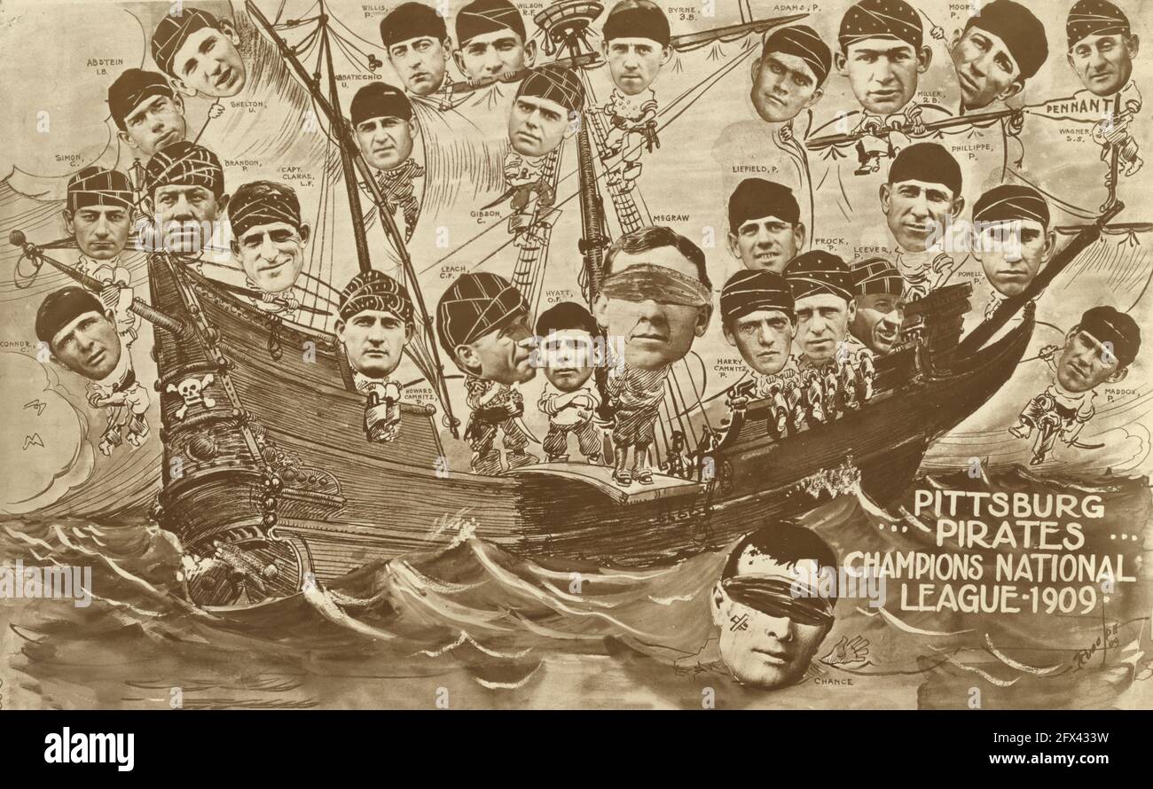 Pittsburg Pirates, Champions National League, 1909 - zusammengesetztes Foto und Zeichnung mit Köpfen der Pittsburg Pirate Baseballmitglieder als Piraten auf einem Piratenschiff angeordnet; jeder Spieler/Pirat wird durch den Nachnamen und die gespielte Position identifiziert. Stockfoto