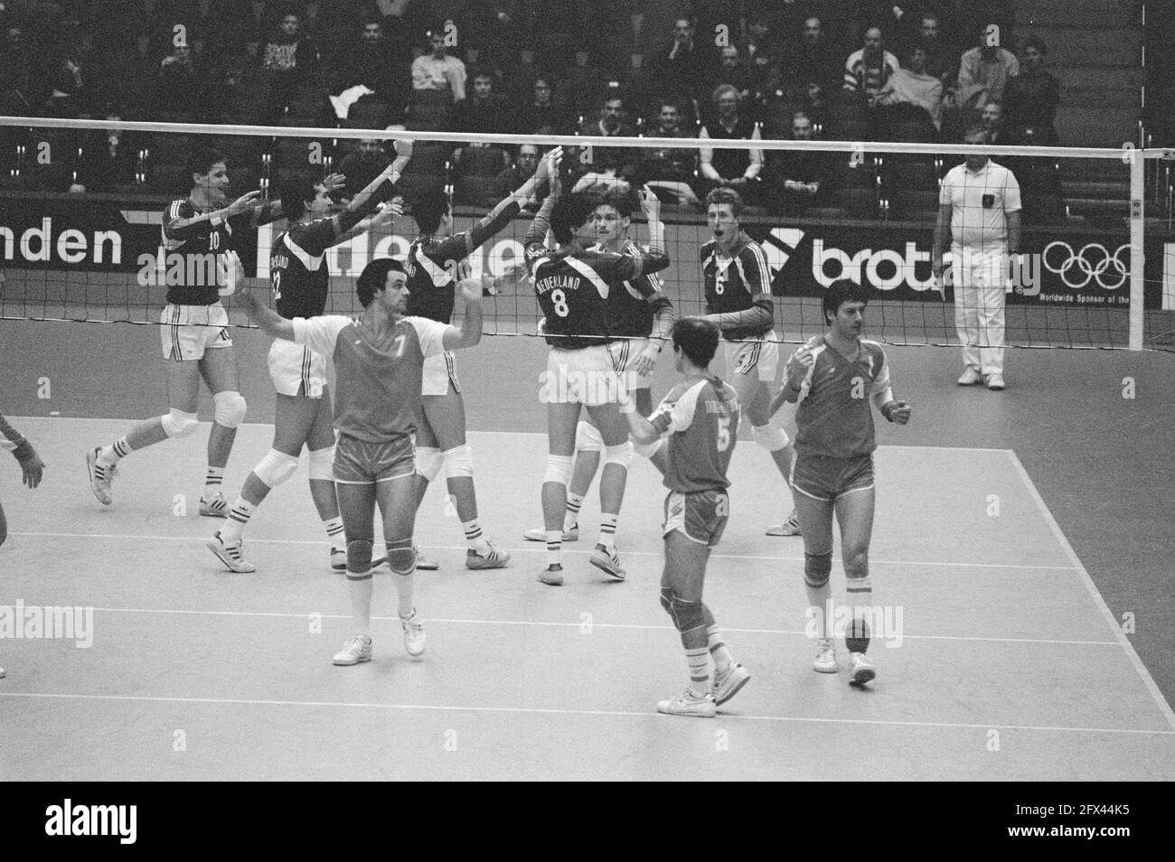 Volleyball-Vorolympienturnier; Niederlande gegen Belgien; Joy Netherlands, 4. Februar 1988, Turniere, Volleyball, Niederlande, Foto der Presseagentur des 20. Jahrhunderts, Nachrichten zu erinnern, Dokumentarfilm, historische Fotografie 1945-1990, visuelle Geschichten, Menschliche Geschichte des zwanzigsten Jahrhunderts, Momente in der Zeit festzuhalten Stockfoto
