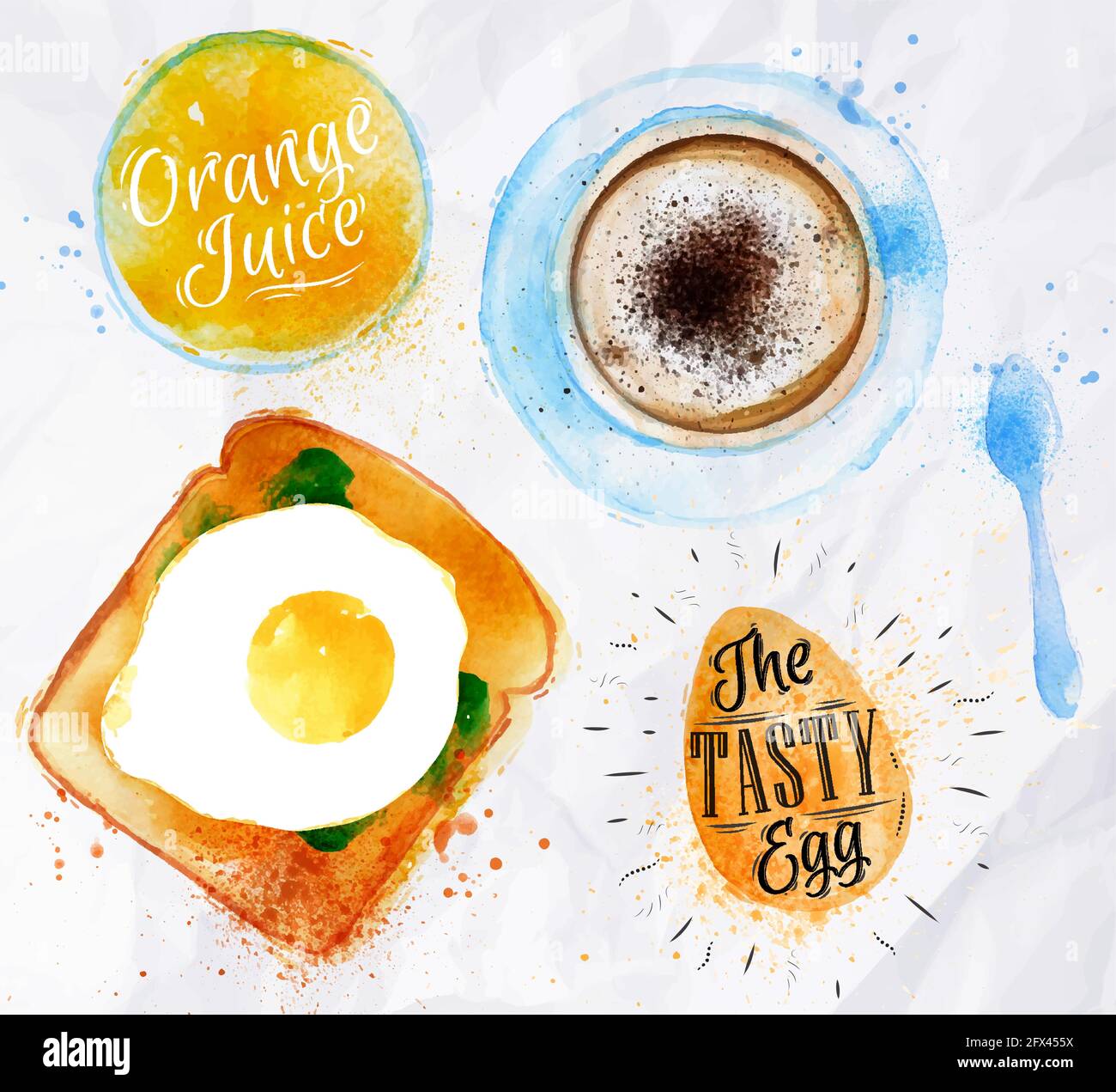 Das Frühstück wurde mit einem Toast mit Wasserfarbe und Rührei, Orangensaft, gestrichen tasse Kaffee Stock Vektor