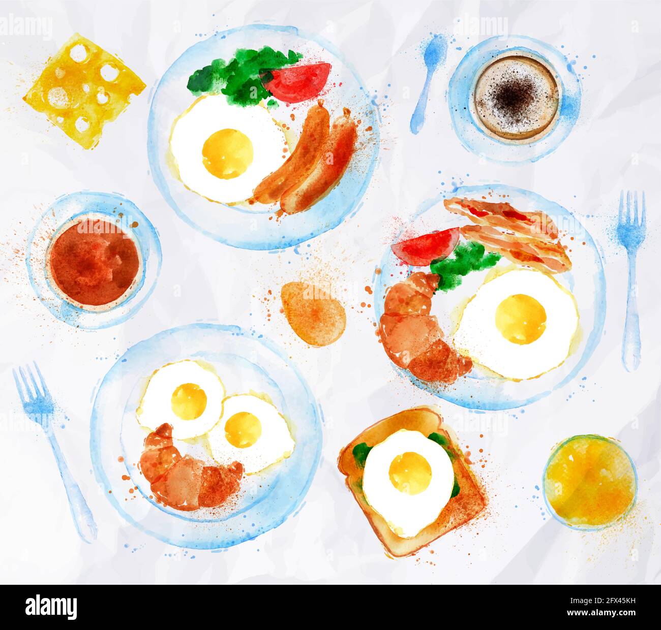 Frühstück gemalt Aquarell auf einem Teller Eier Speck Salat Tomate eine Tasse Kaffee mit einer Gabel, Saft, Tee, Toast, Stock Vektor