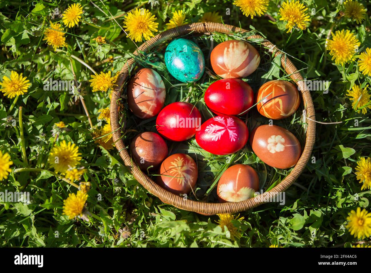Traditionelle Ostereier und Blumen Stockfoto