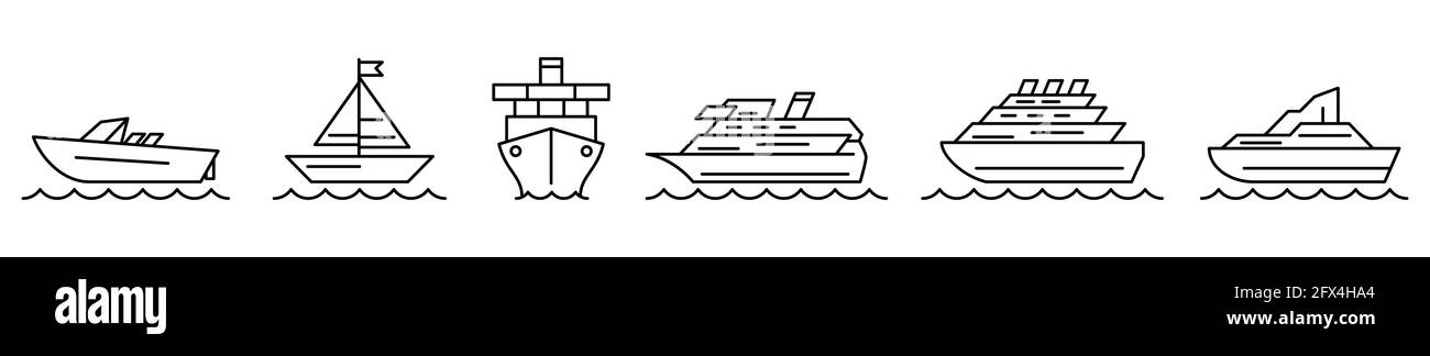 Schiffssymbol. Satz Schiffssymbole. Vektorgrafik. Lineare Symbole für Schifffahrt oder Kreuzfahrt Stock Vektor