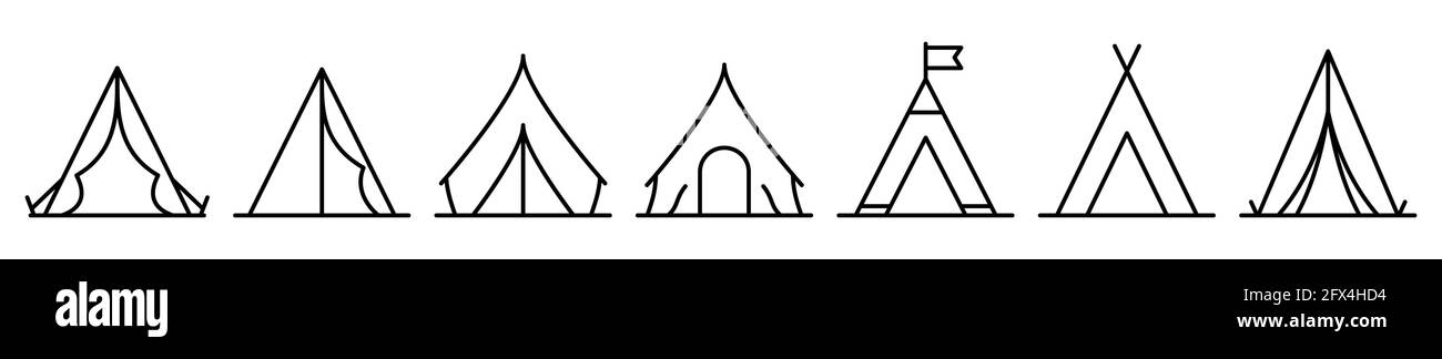 Zelt-Symbol. Set mit Zeltsymbolen. Vektorgrafik. Lineare Symbole für Camping oder Reisen Stock Vektor