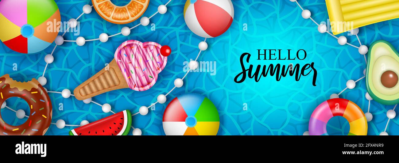 Hallo Sommerbanner mit aufblasbaren Bällen, Matratzen und Schwimmringen auf Wasserhintergrund Stock Vektor