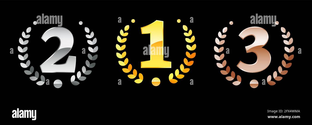 Symbole für den ersten, zweiten und dritten Platz. Gold, Silber, Bronze. Auszeichnungen an die Gewinner. Bewertung der Gewinner. Vektor eps 10 Stock Vektor