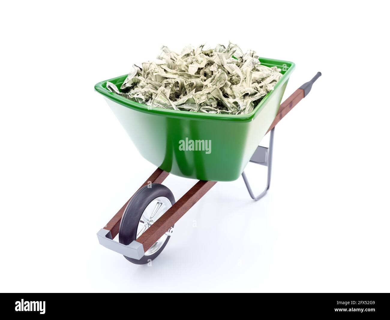 3D-Rendering von grünen Schubkarre mit Haufen von amerikanischen geladen Dollar-Banknoten auf weißem Hintergrund Stockfoto
