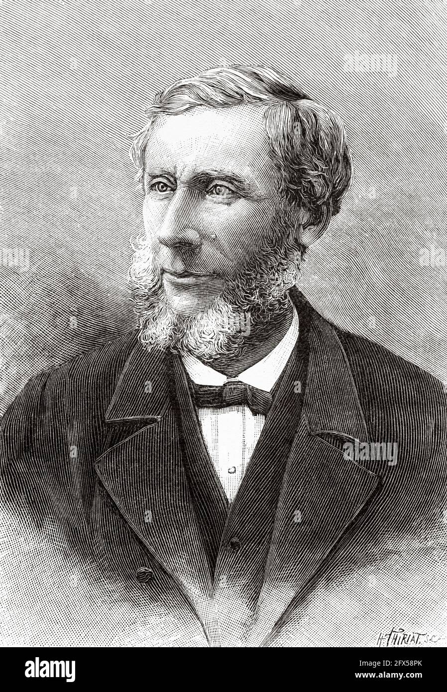 John Tyndall FRS (1820-1893) war ein prominenter irischer Physiker des 19. Jahrhunderts. Sein wissenschaftlicher Ruhm begann mit seinem Studium des Diamagnetismus. Er machte Entdeckungen auf dem Gebiet der Infrarotstrahlung und der physikalischen Eigenschaften der Luft, 1859 zeigte er den Zusammenhang zwischen atmosphärischem CO2 und dem, was heute als Treibhauseffekt bekannt ist. Alte, gravierte Illustration aus dem 19. Jahrhundert von La Nature 1893 Stockfoto