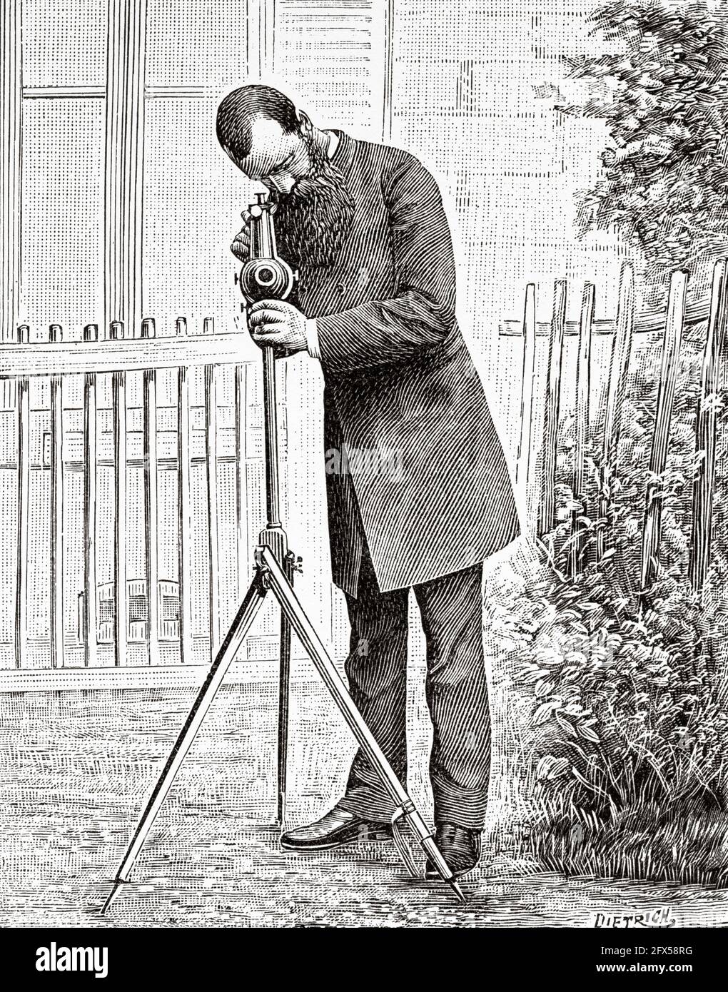 Vertikale Teleskopebene. Alte, gravierte Illustration aus dem 19. Jahrhundert von La Nature 1893 Stockfoto