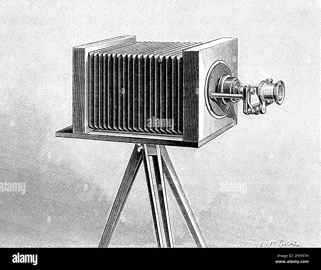 Photomikrografie. Lemardeley Fotomikroskop. Alte, gravierte Illustration aus dem 19. Jahrhundert von La Nature 1893 Stockfoto