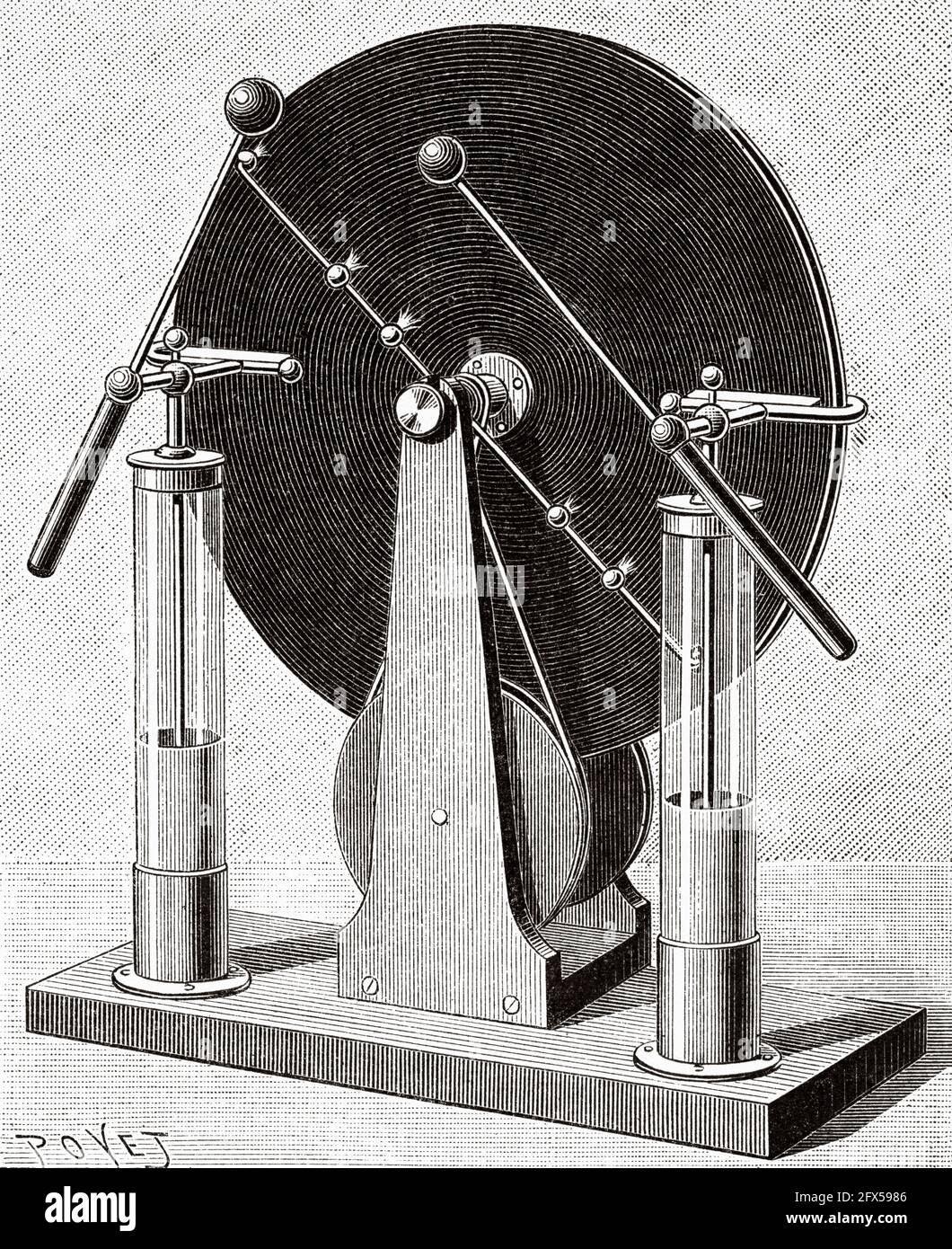 Die Wimshurst-Einflussmaschine ist ein elektrostatischer Generator, eine Maschine zur Erzeugung von Hochspannungen, die zwischen 1880 und 1883 vom britischen Erfinder James Wimshurst (1832–1903) entwickelt wurde. Es hat ein unverwechselbares Aussehen mit zwei großen, kontra-rotierenden Scheiben, die in einer vertikalen Ebene montiert sind, zwei gekreuzten Stäben mit Metallbürsten und einem Funkenspalt, der aus zwei Metallkugeln besteht. Alte, gravierte Illustration aus dem 19. Jahrhundert von La Nature 1893 Stockfoto