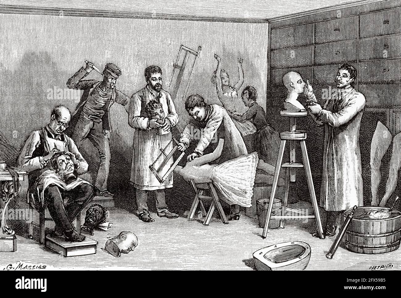 Herstellung von Wachsfiguren im Grevin Museum Paris, Frankreich. Alte, gravierte Illustration aus dem 19. Jahrhundert von La Nature 1893 Stockfoto