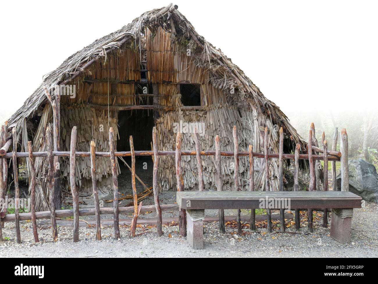 Traditionelles Maori-Haus in Neuseeland, teilweise isoliert auf weißem Rücken Stockfoto