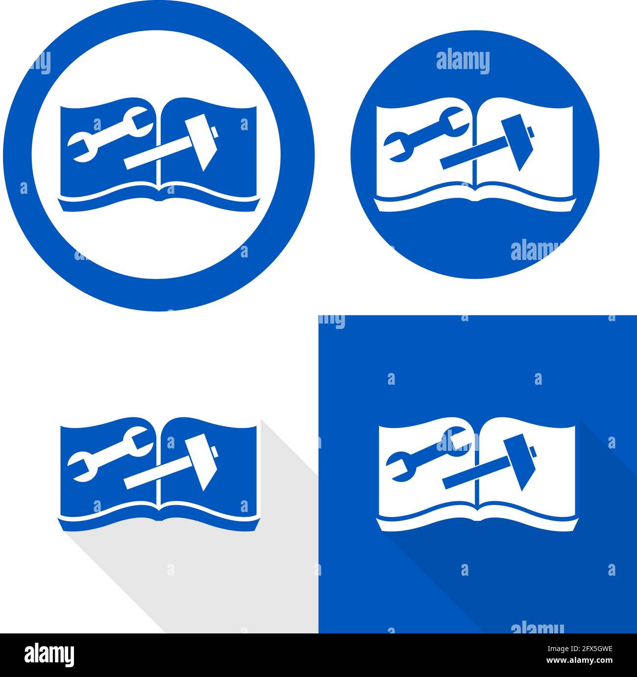 Siehe Schild mit der Bedienungsanleitung. Vektor-Illustration von kreisförmigen blauen Zeichen mit offenem Buch und Reparatur-Tool. Lesen Sie die Bedienungsanleitung vor Beginn der Arbeiten Stock Vektor