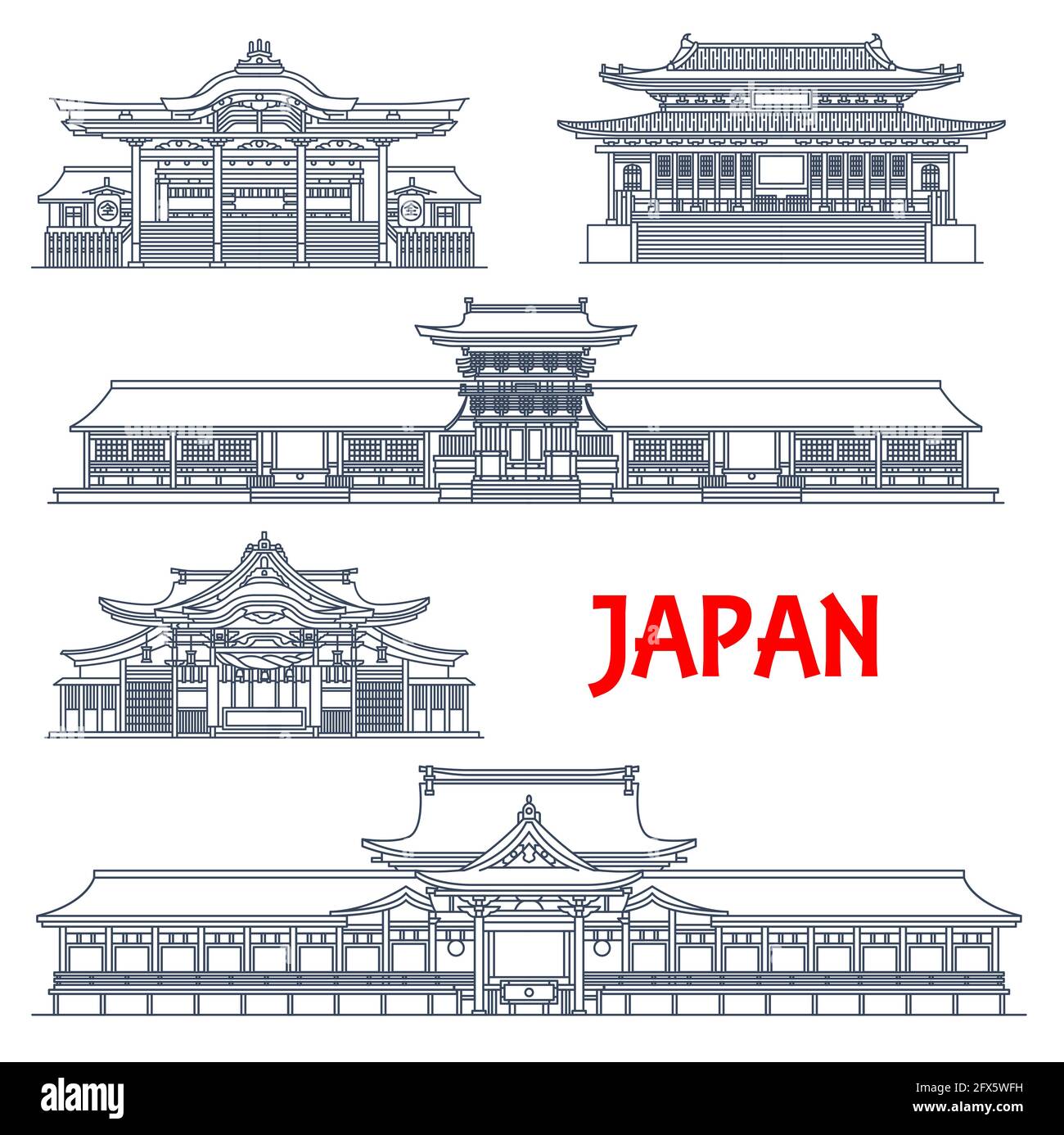 Japanische Wahrzeichen, Architekturtempel und Gebäude, Vektorlinien-Symbole. Japanischer berühmter Tokoji-Tempel in Ikaruga, USA Jingu oder USA Hachimangu Shint Stock Vektor