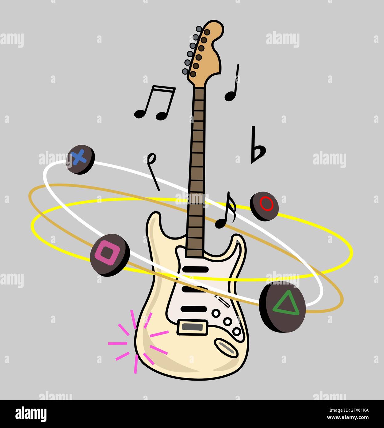 Konzept des instrumentalen Klangs. Vintage Stratocaster Stil E-Gitarre. Musiknoten und -Regler drehen sich um die Gitarre. Stockfoto