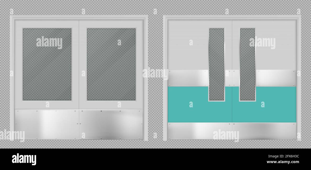 Türen für Labor-, Küchen-, Krankenhaus-, Schul- oder Lebensmittelproduktionslager mit rechteckigen Fenstern. Technische Doppeltüren aus Metall, grafische Elemente, realistische 3d-Vektordarstellung Stock Vektor