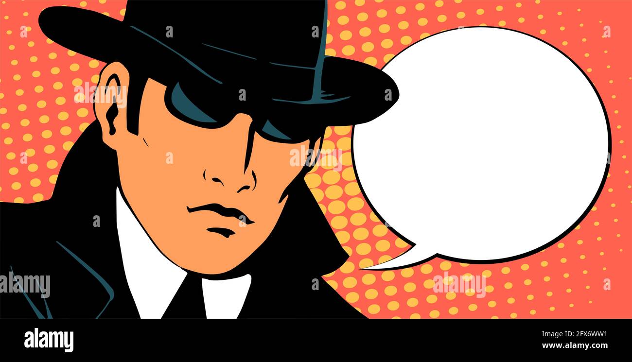 Detective ermittelt. Gekleidet in einen Retro-Regenmantel und Hut. Schwarze Brille tragen. Für Text platzieren. Retro-Cartoon-Illustration im Pop-Art-Stil Stockfoto
