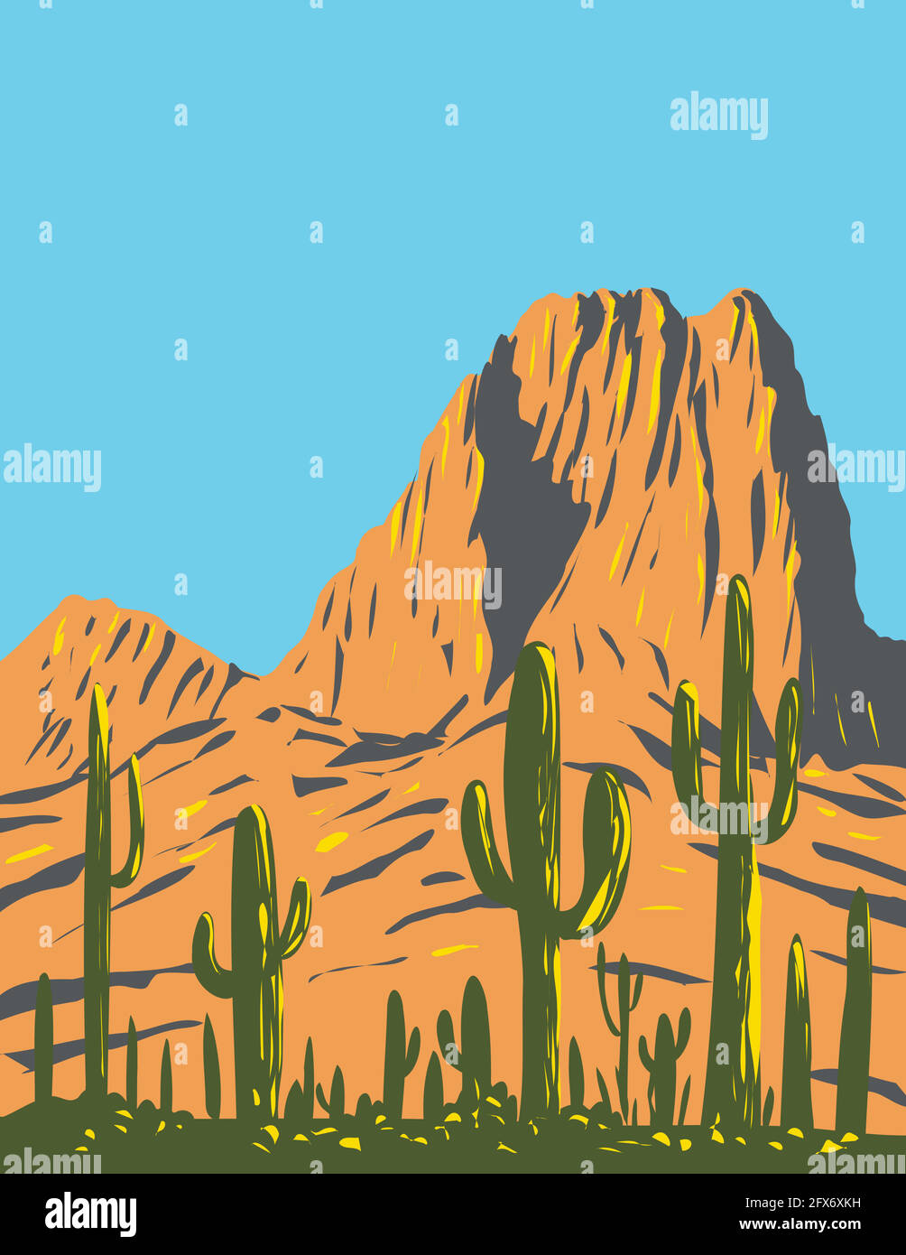 WPA Poster Art von saguaro Kaktus mit Bienenstock Peak in Tucson Mountains im Saguaro National Park in Arizona Erledigt in Works Projekt Admin Stock Vektor