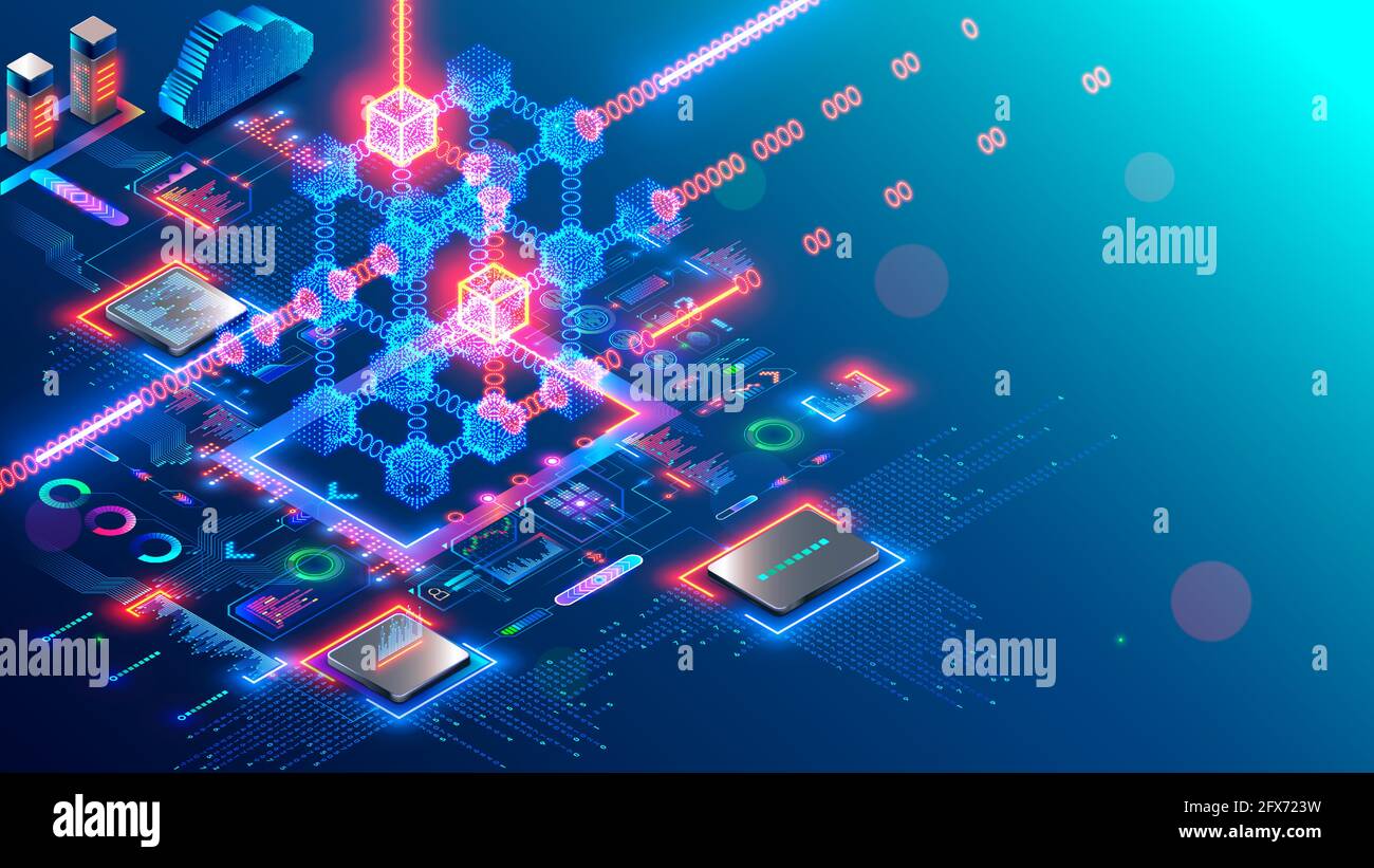 Blockchain und Fintech der Kryptowährung. Blockchain-Technologie. Das Mining von Kryptowährungen ist ein isometrisches Konzept. Computerserver im Netzwerk generiert Stock Vektor