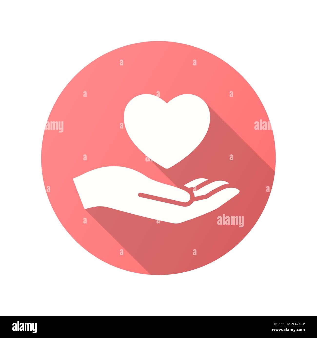 Herz in der Hand-Symbol. Einfache Illustration mit langem Schatten isoliert für Grafik- und Webdesign. Stock Vektor