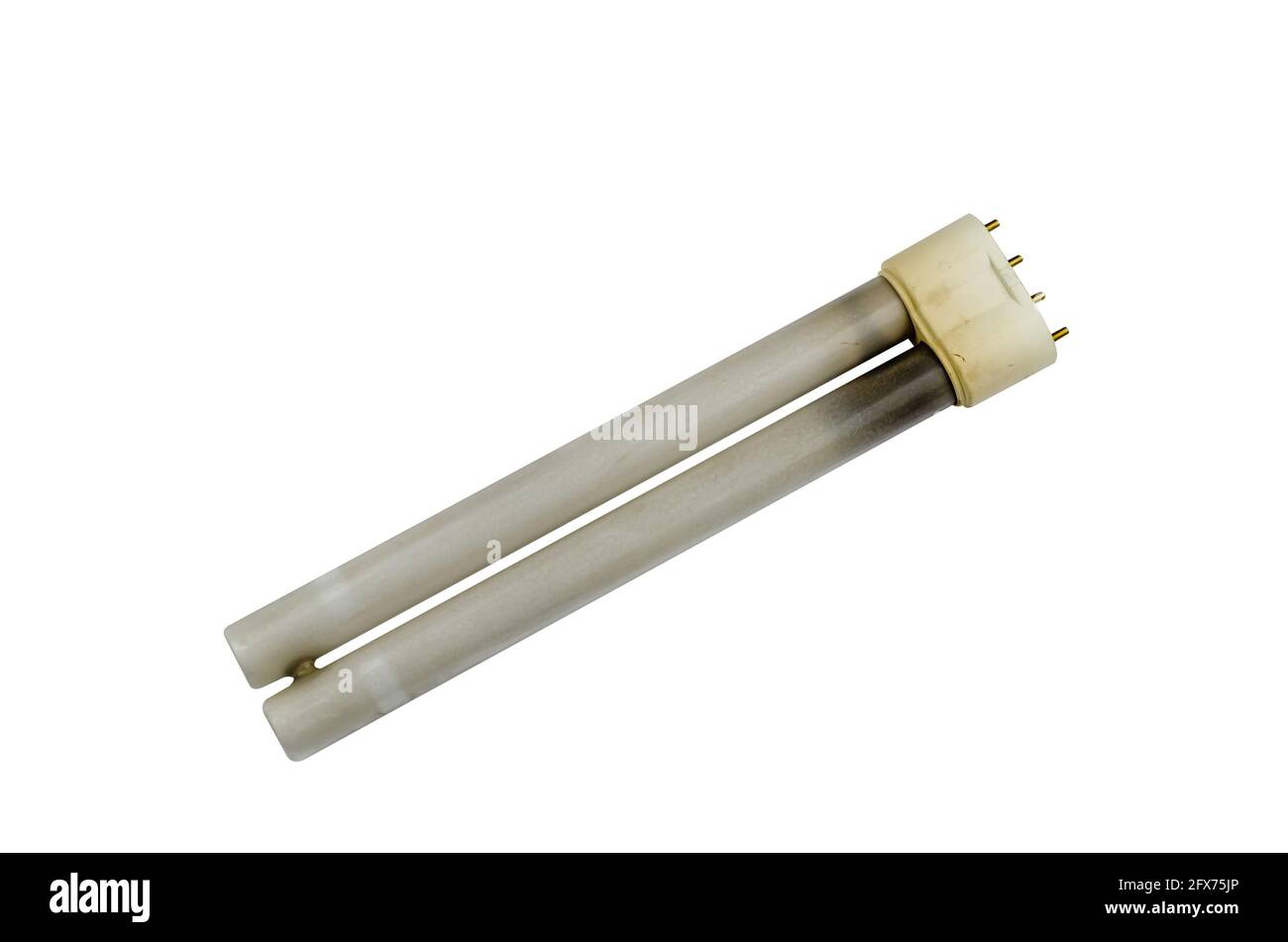 Ausgebrannte Leuchtstofflampe auf weißem Hintergrund. Eine alte elektrische Lampe für eine Tischlampe. Stockfoto