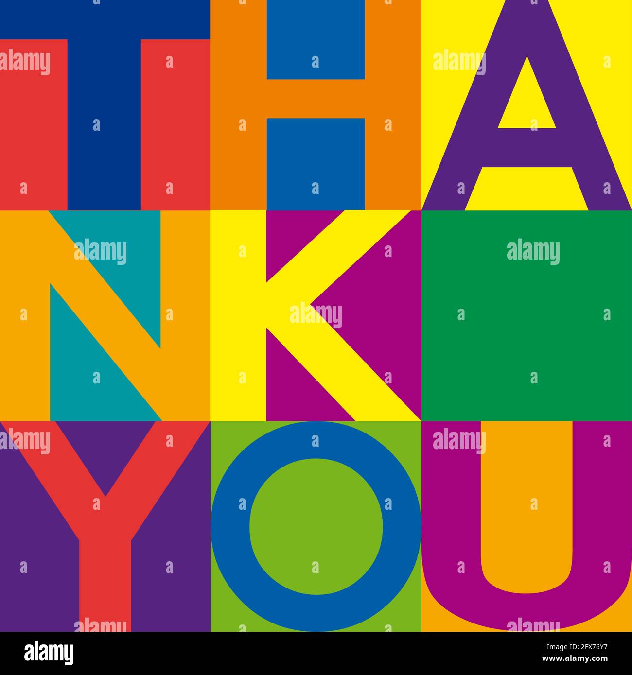Das Wort Danke. Vektorhintergrund, Text zerlegt in einem Schachbrett aus farbigen Quadraten Stock Vektor