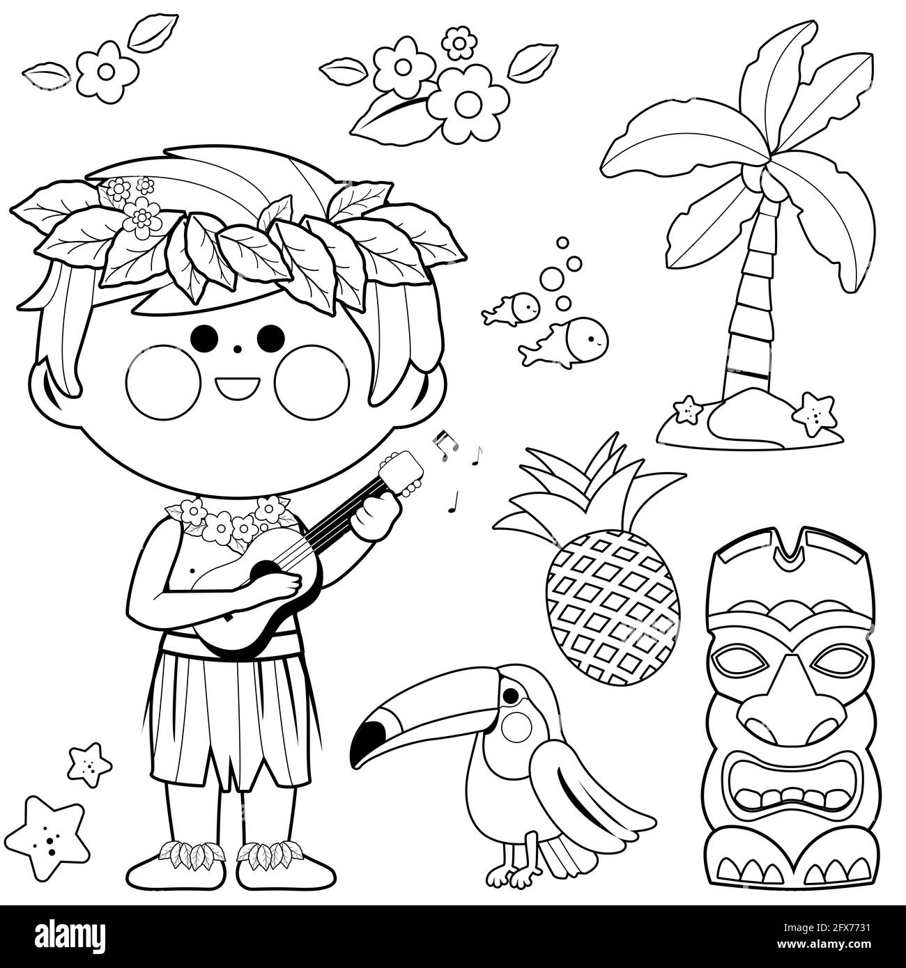 Hawaianischer Junge, der mit seiner Gitarre musiziert. Schwarz-Weiß-Malseite Stockfoto