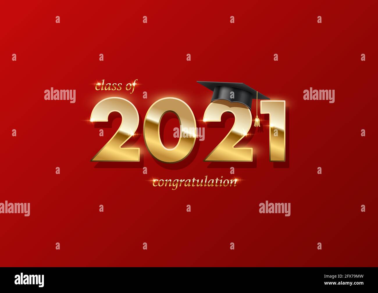 Banner zur Abschlussfeier 2021. Award-Konzept mit akademischem Hut, goldenen Zahlen und Text auf rotem Hintergrund Stock Vektor