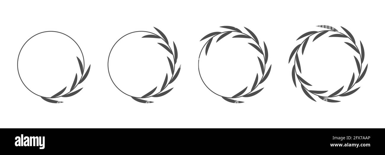 Schwarzes Lorbeerkranz-Set mit rundem Rahmen. Ringe mit Blättern, Kreis Award Logo oder Emblem Vektor Illustration. Römisches kreisförmiges Abzeichen für Jubiläum, Hochzeit Stock Vektor