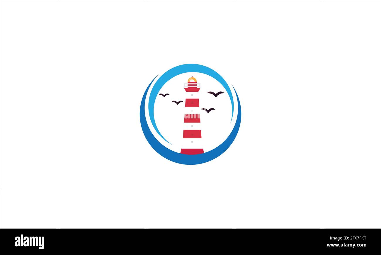 Leuchtturmsymbol-Logo-Design mit Möwen Vektor-Illustration Stock Vektor