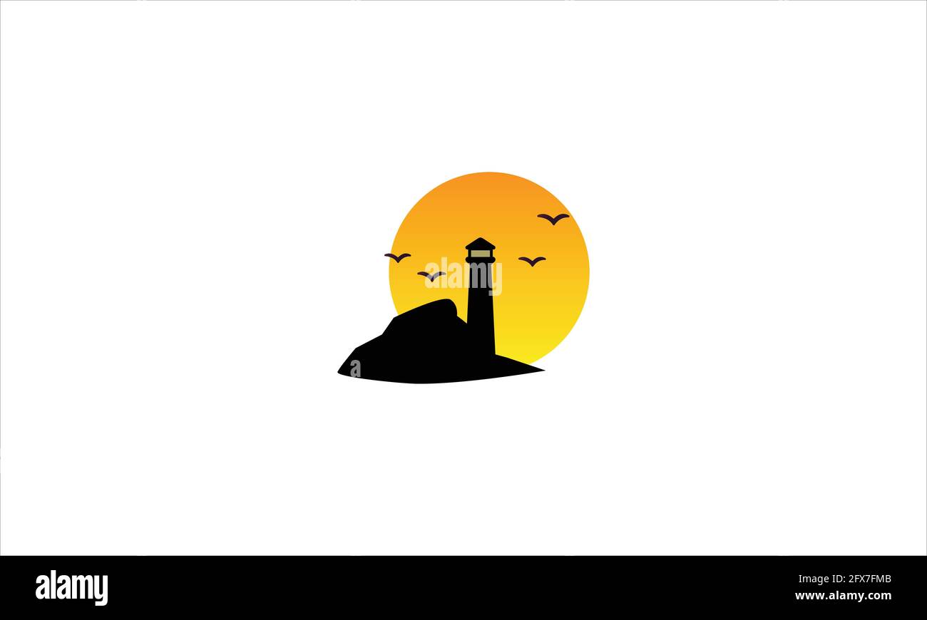 Leuchtturmsymbol-Logo-Design bei Sonnenuntergang mit Möwen Vektor-Illustration Stock Vektor