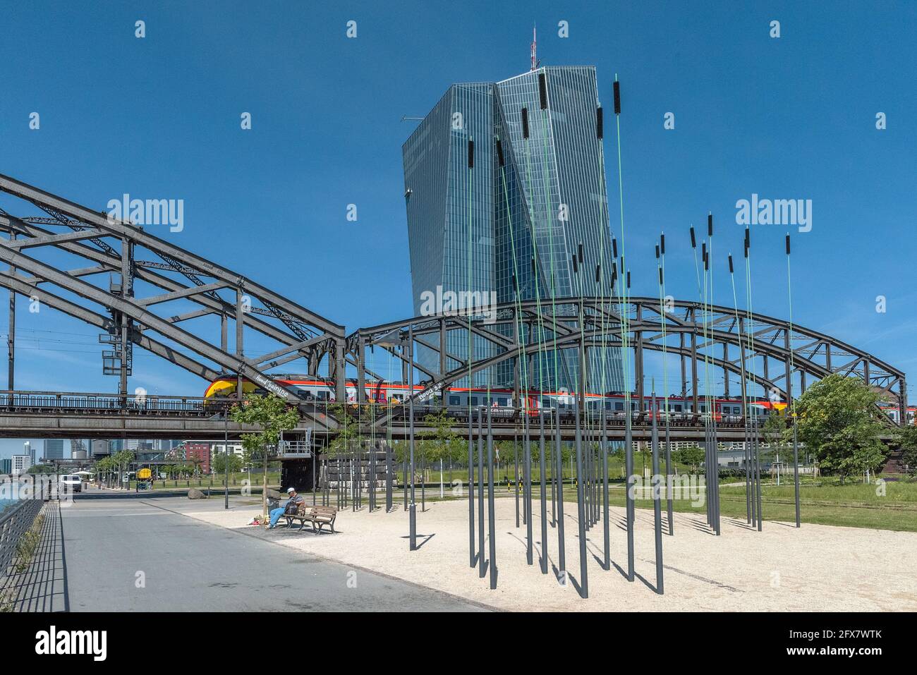 Blick auf die Europäische Zentralbank an einem sonnigen Tag, Frankfurt, Deutschland Stockfoto