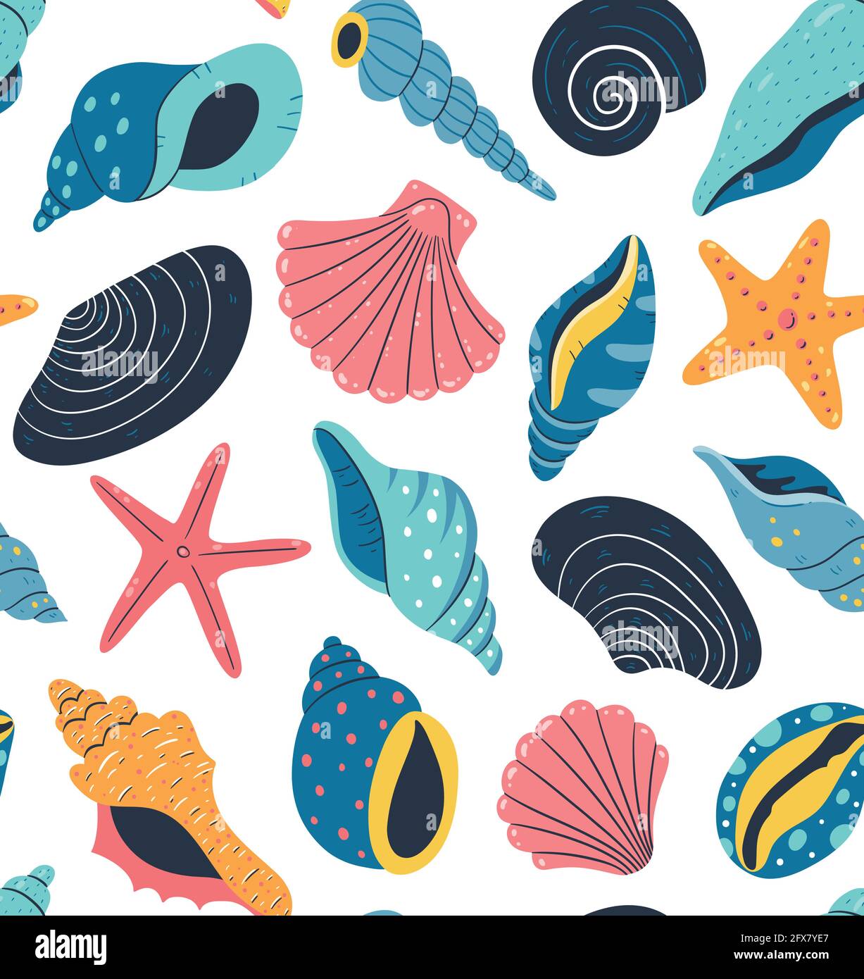 Seashell Nahtloses Musterdesign. Farbenfrohe, handgezeichnete Vektorgrafik. Weißer Hintergrund. Stock Vektor