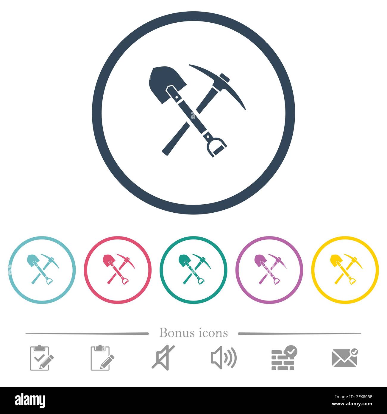 Flache Farbsymbole für Schaufel und Spitzhacke in runden Umrissen. 6 Bonus-Symbole enthalten. Stock Vektor