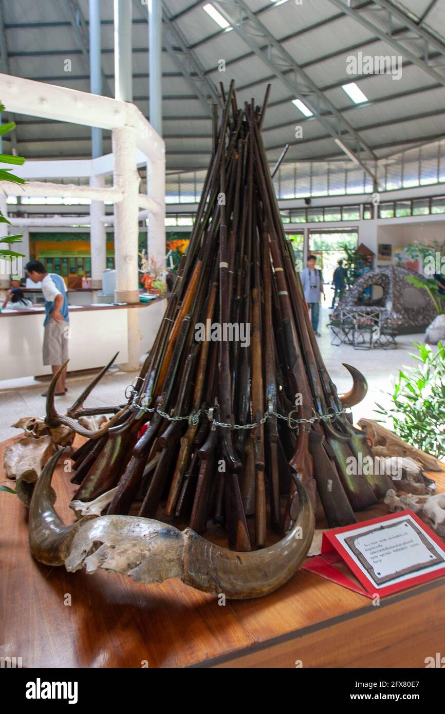 Beschlagnahmte Jagdgewehre, die in einem Museum auf dem Land ausgestellt sind Thailand Stockfoto