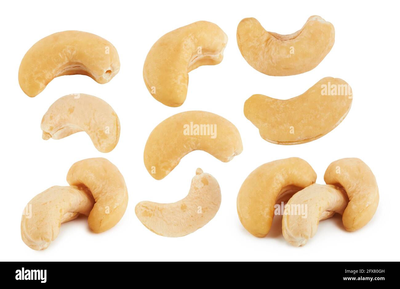 Cashew-Nüssen isoliert auf weißem Hintergrund Stockfoto