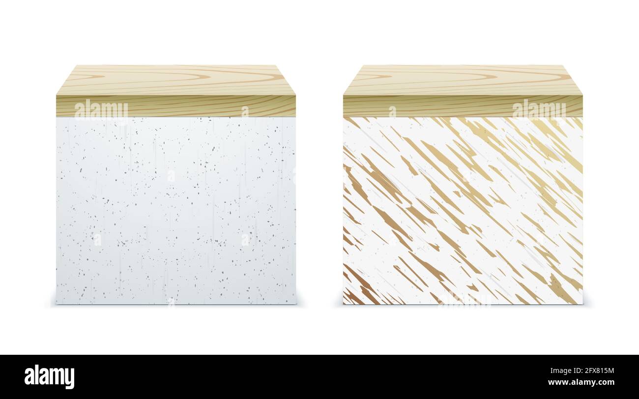 Vector Set aus Beton und Marmor steht mit hölzernen Abdeckungen, isoliert auf einem weißen Hintergrund. Stock Vektor