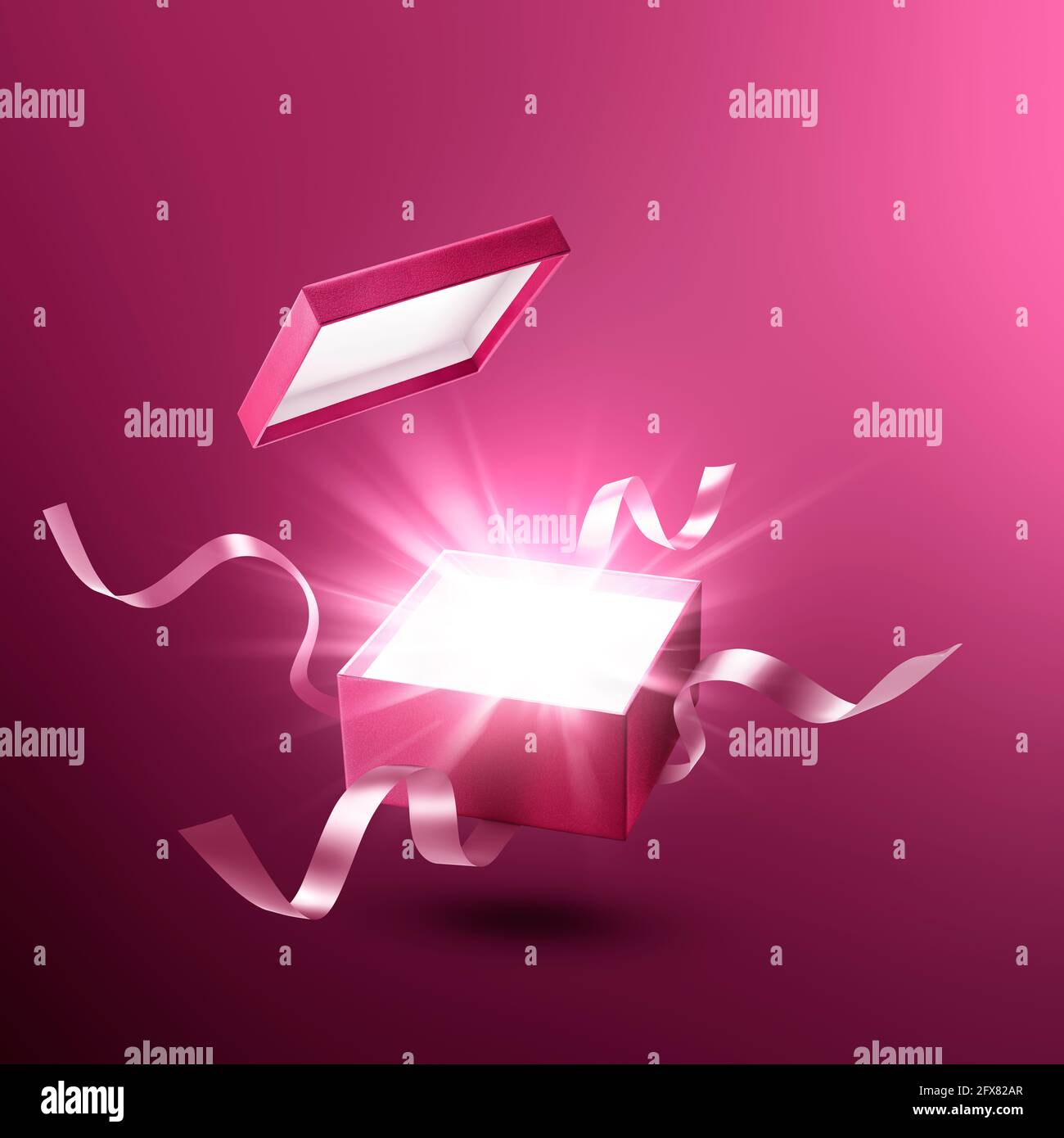Schwebender Luxus-Geschenkkarton in Rot mit magischem Licht Stockfoto
