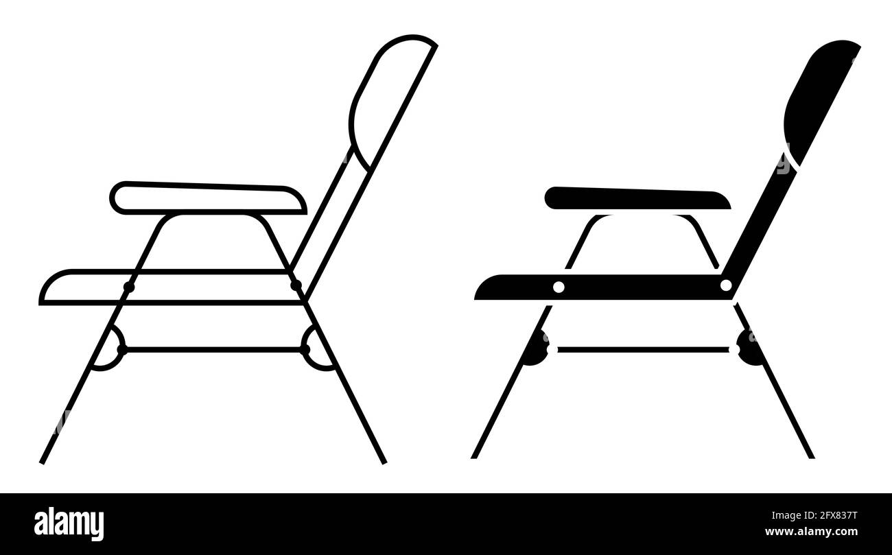 Symbol für Sommerliegen. Liegestuhl am Strand. Sonnenbaden am Meer. Einfacher Schwarz-Weiß-Vektor Stock Vektor